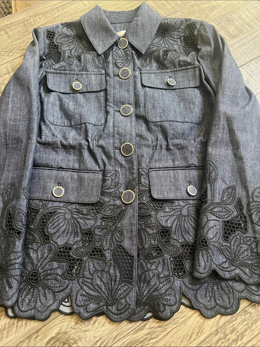 Veronica Beard Black Floral Embroidered Button-Up Jean Jacket - Picture 13 of 14
